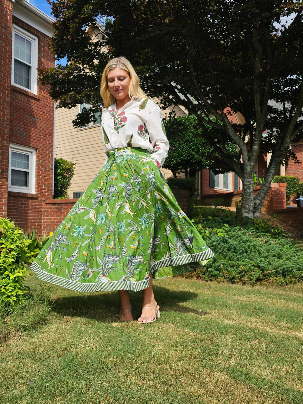 Jungle Screen Printed Paneled Skirt~ Green