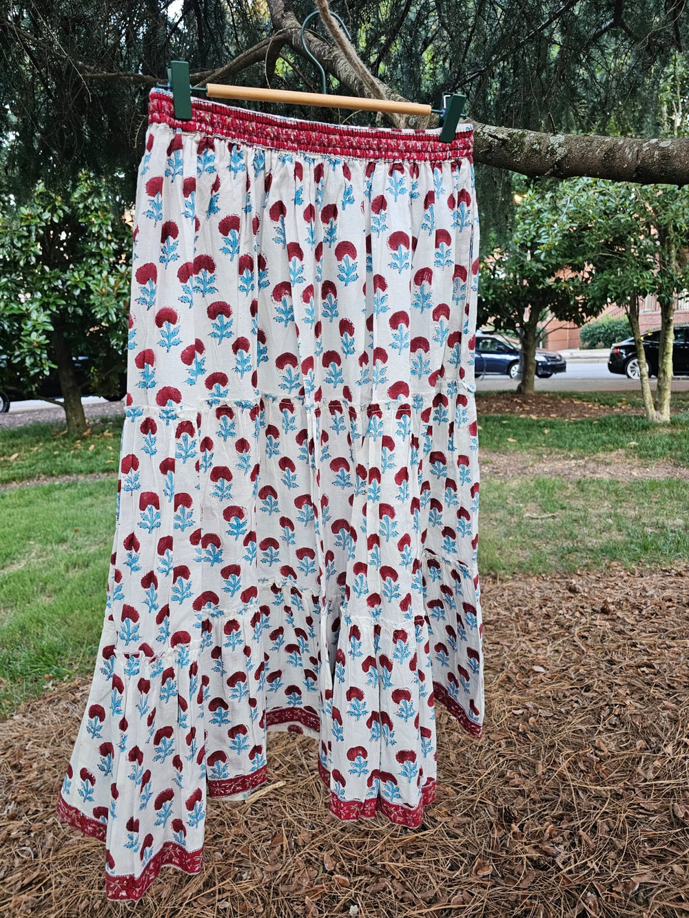 Hand Block Printed Tiered Skirt~ Red Motifs