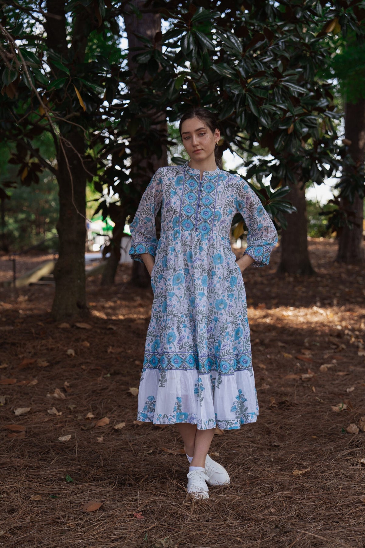 Lotus Blue Block-Printed Tiered Dress