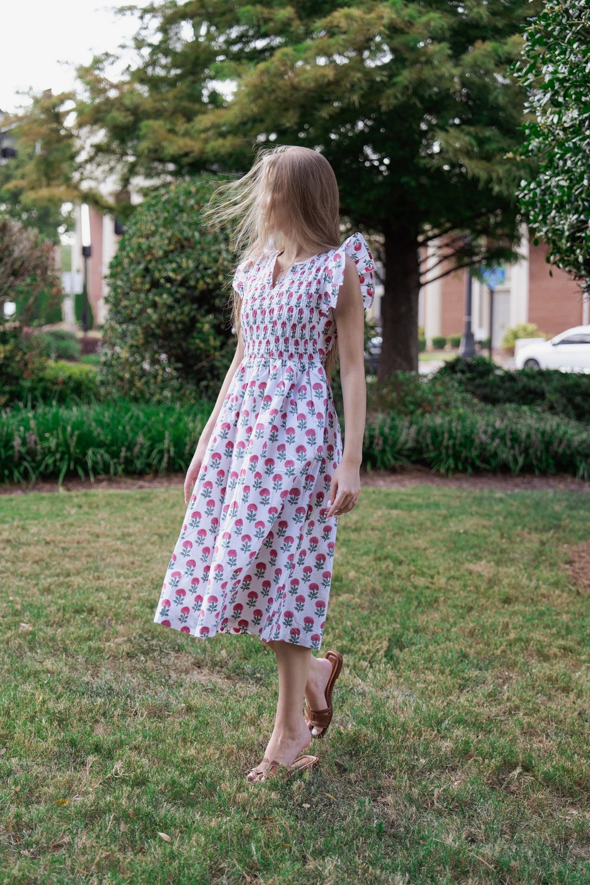 Pink Marigold Midi Dress~White base with charming pink Marigold Motifs