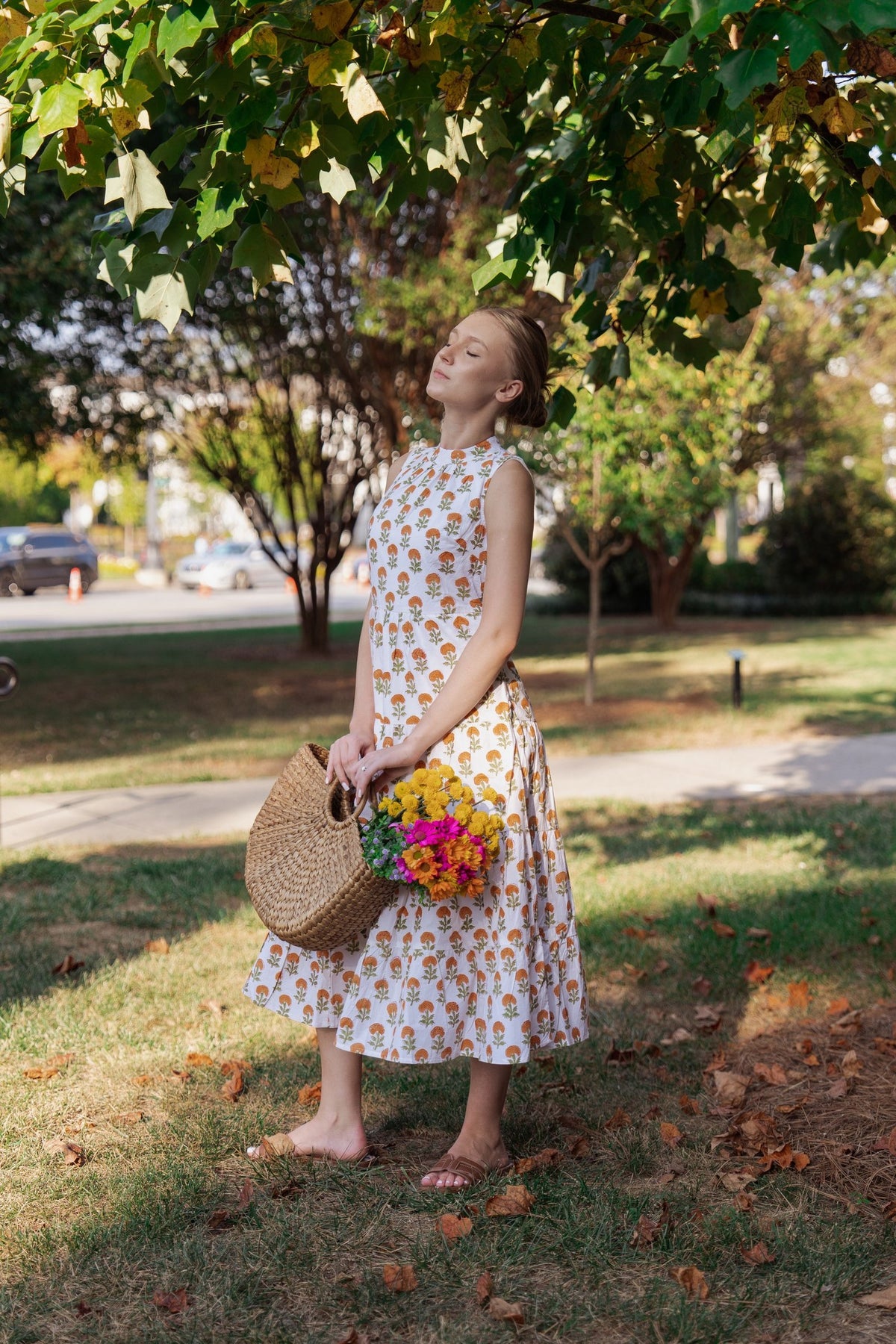 Orange Marigold Halter Neck Midi Dress~White base with Orange Marigold Motifs