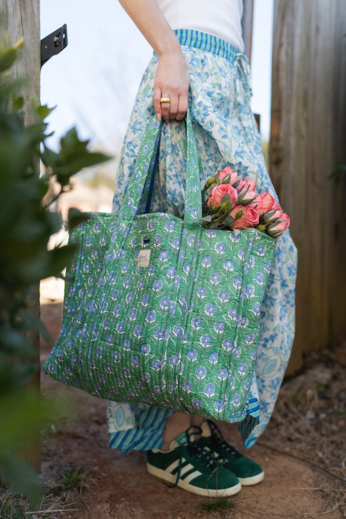Meadow Bloom Hand Block Printed Cotton Tote Bag~Green