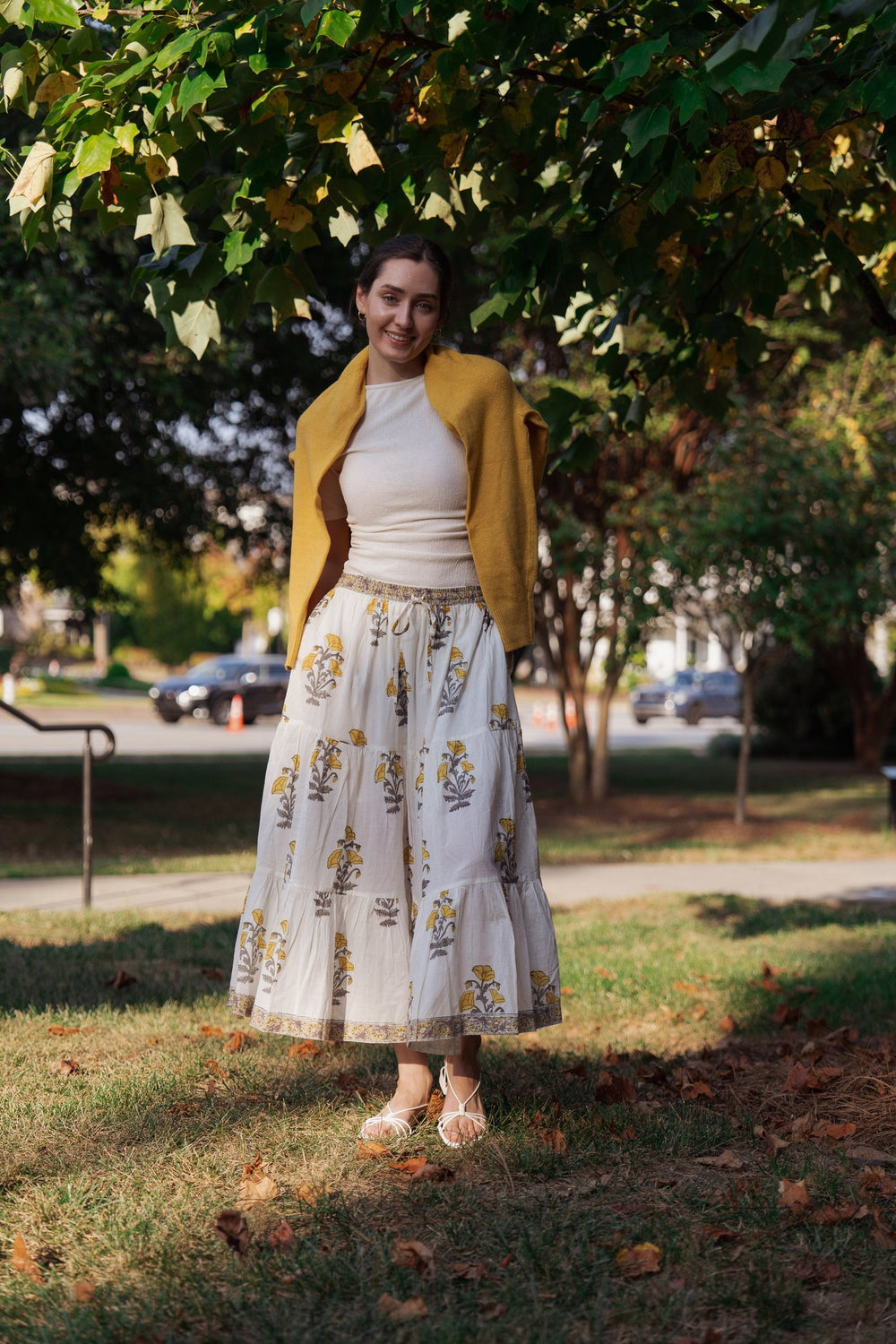 Hand Block Printed Tiered Skirt~ Yellow Motifs