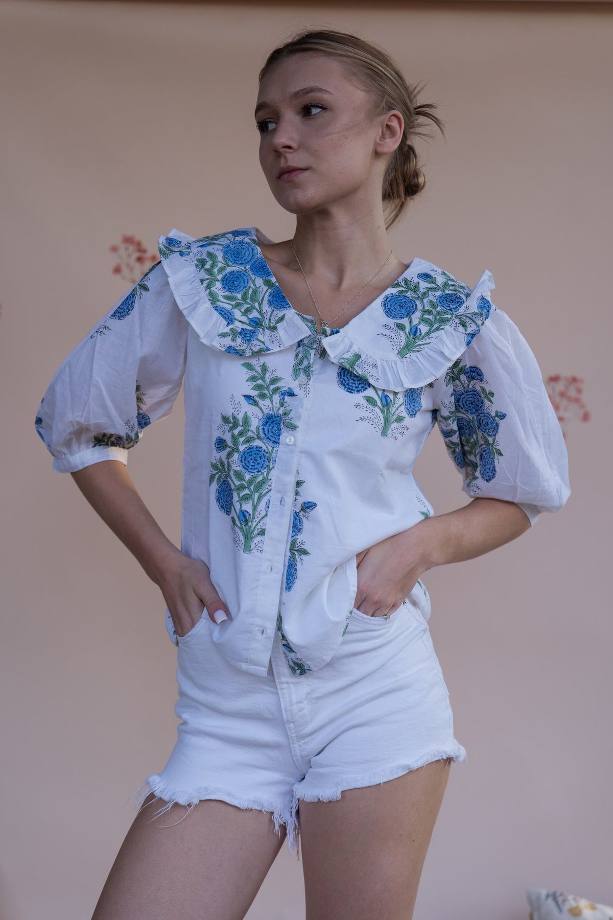 Blue Garden Top -Hand-Block Printed Cotton