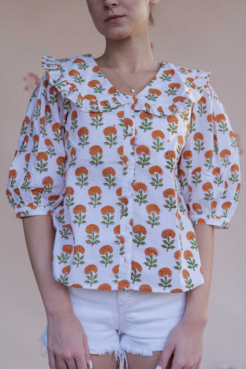 Orange Marigold Garden Top -Hand-Block Printed Cotton Poplin