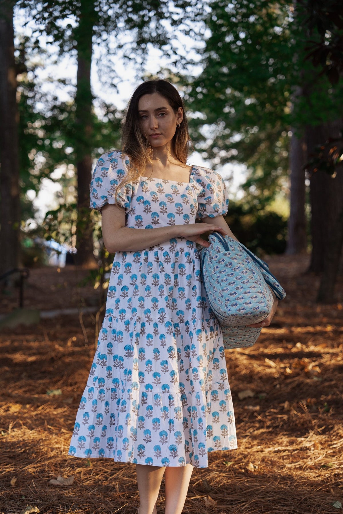 Blue Marigold Puff-Sleeve Midi Dress~White base with Blue Marigold Motifs