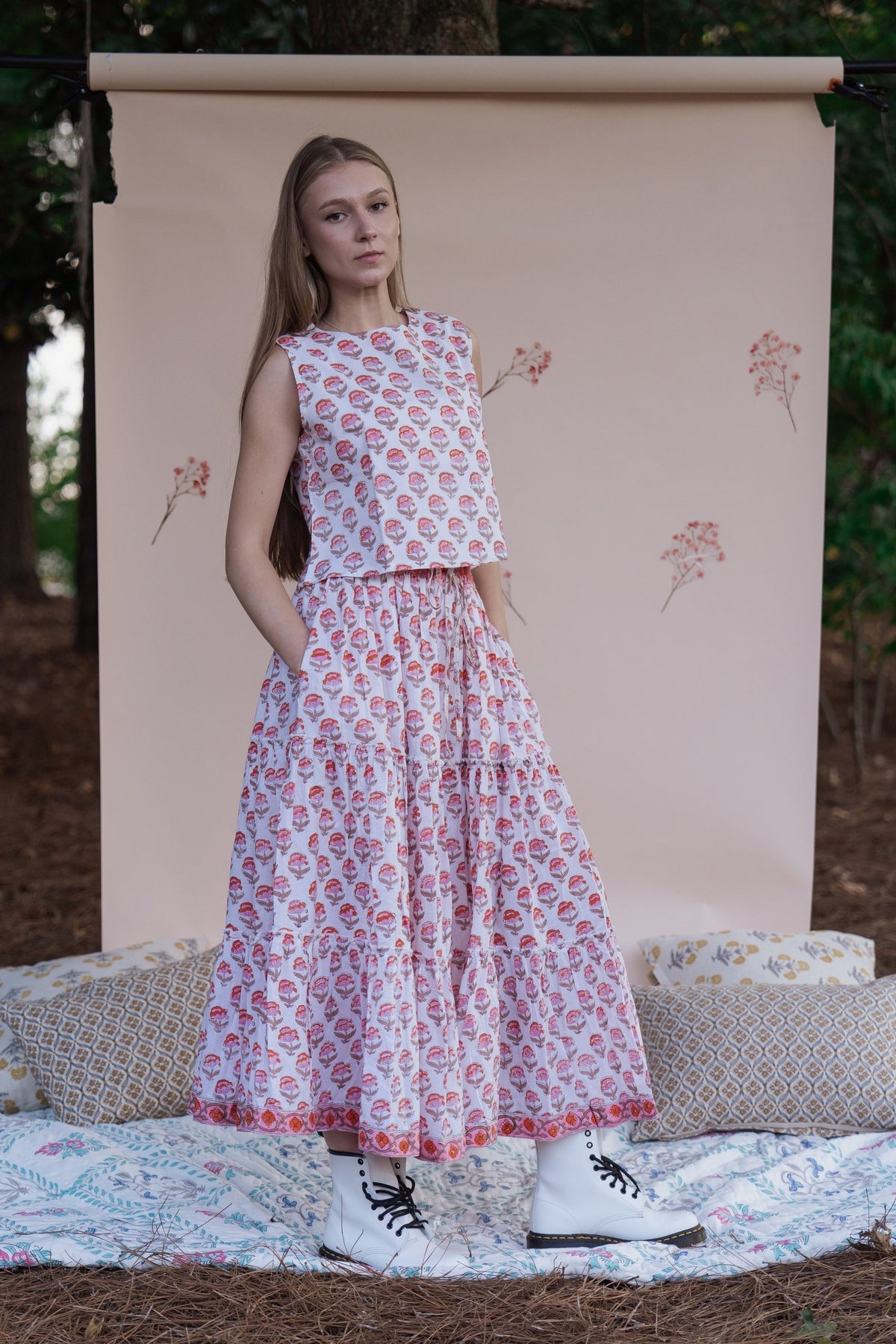 Hand Block Printed Tiered Skirt~ Pink Motifs