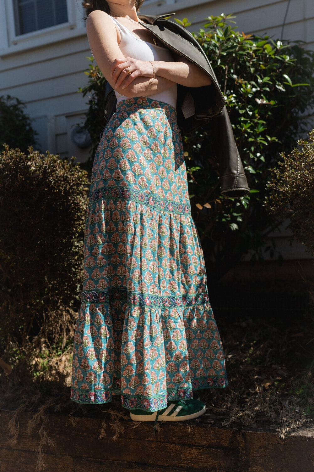 Teal Blossom Hand Block-Printed Layered Skirt~ Teal