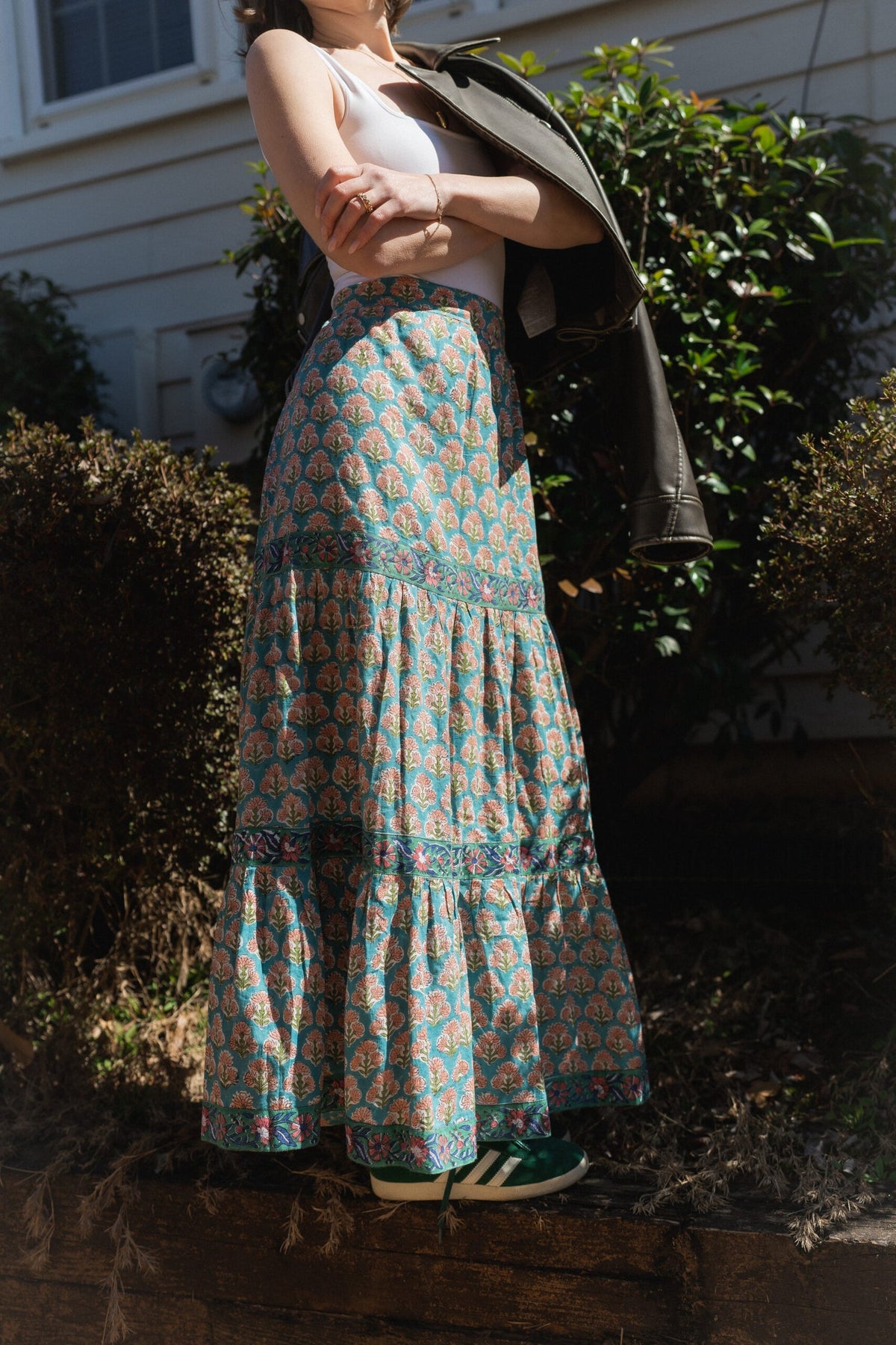 Teal Blossom Hand Block-Printed Layered Skirt~ Teal