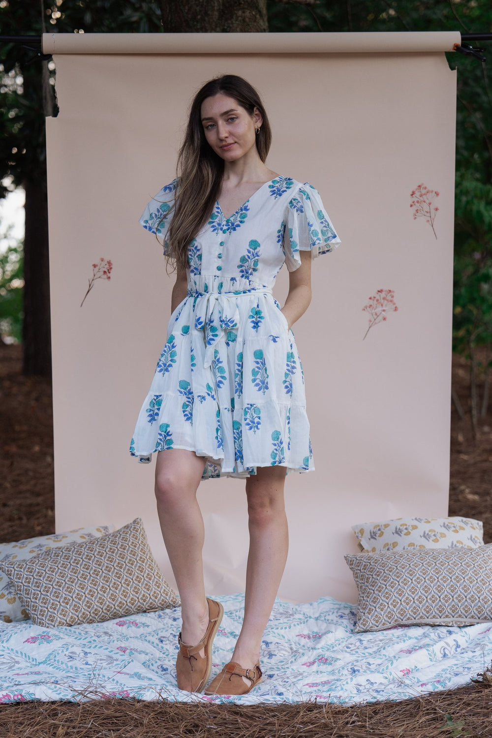 Teal Garden Hand-Block Printed Mini Dress
