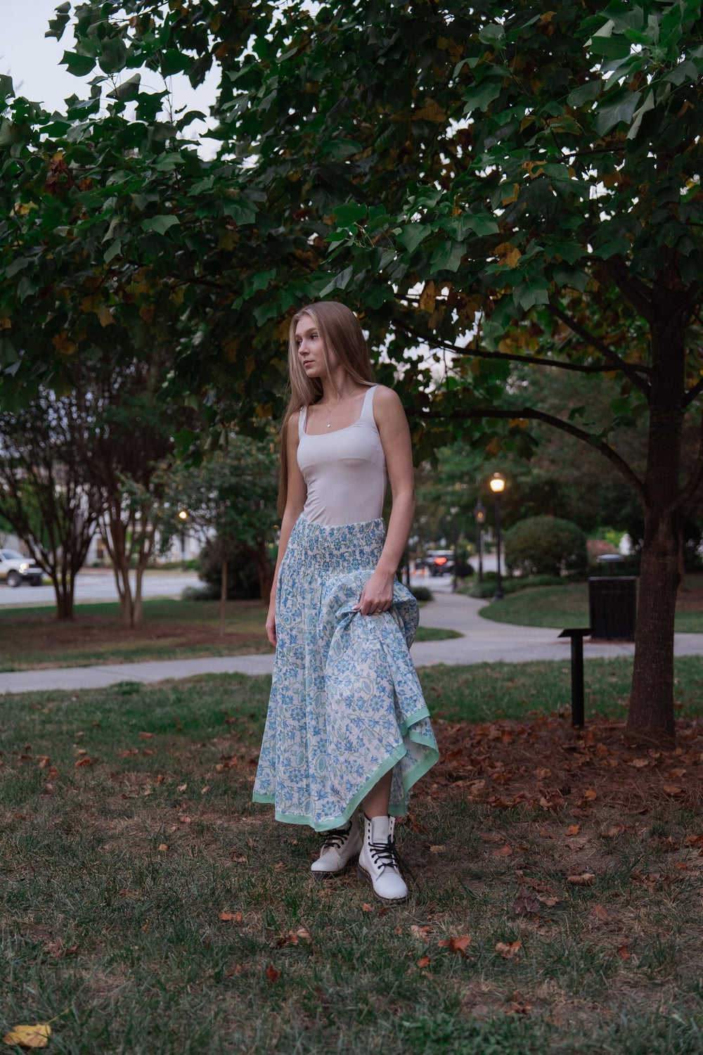 Ivory Blue Floral Smocked Midi  Skirt