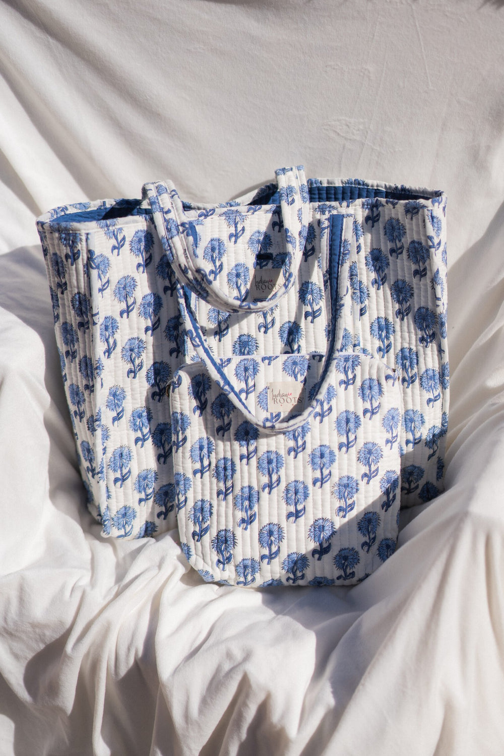 Indigo Bloom Hand Block Printed Cotton Tote Bag~ White