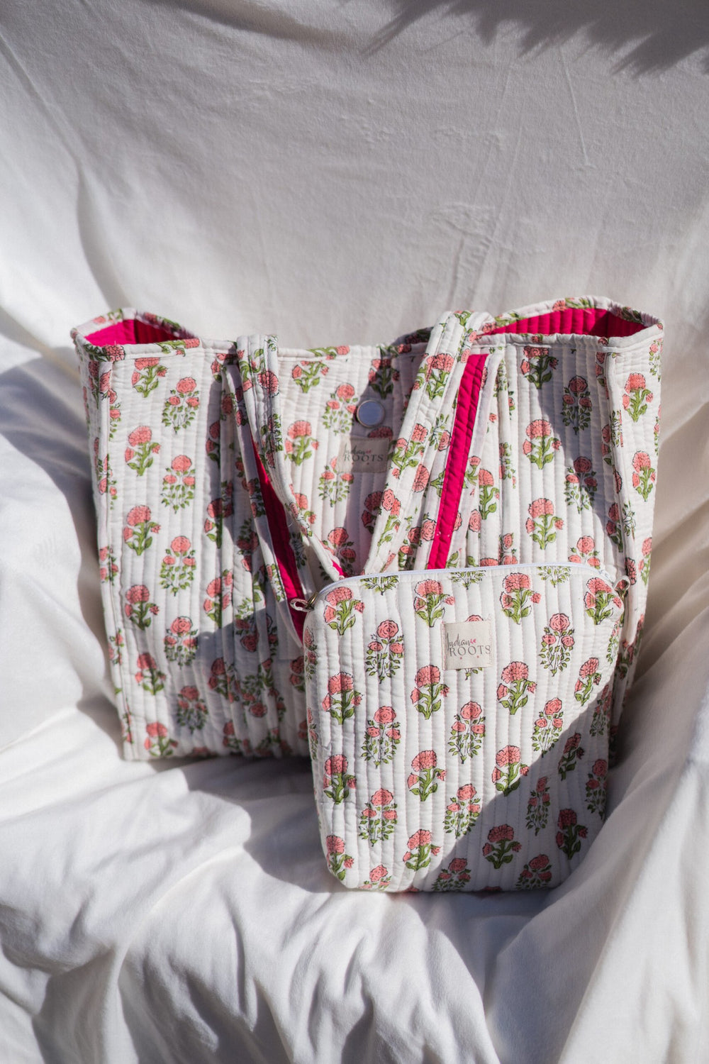 Blush Bloom Hand Block Printed Cotton Tote Bag~ Soft White