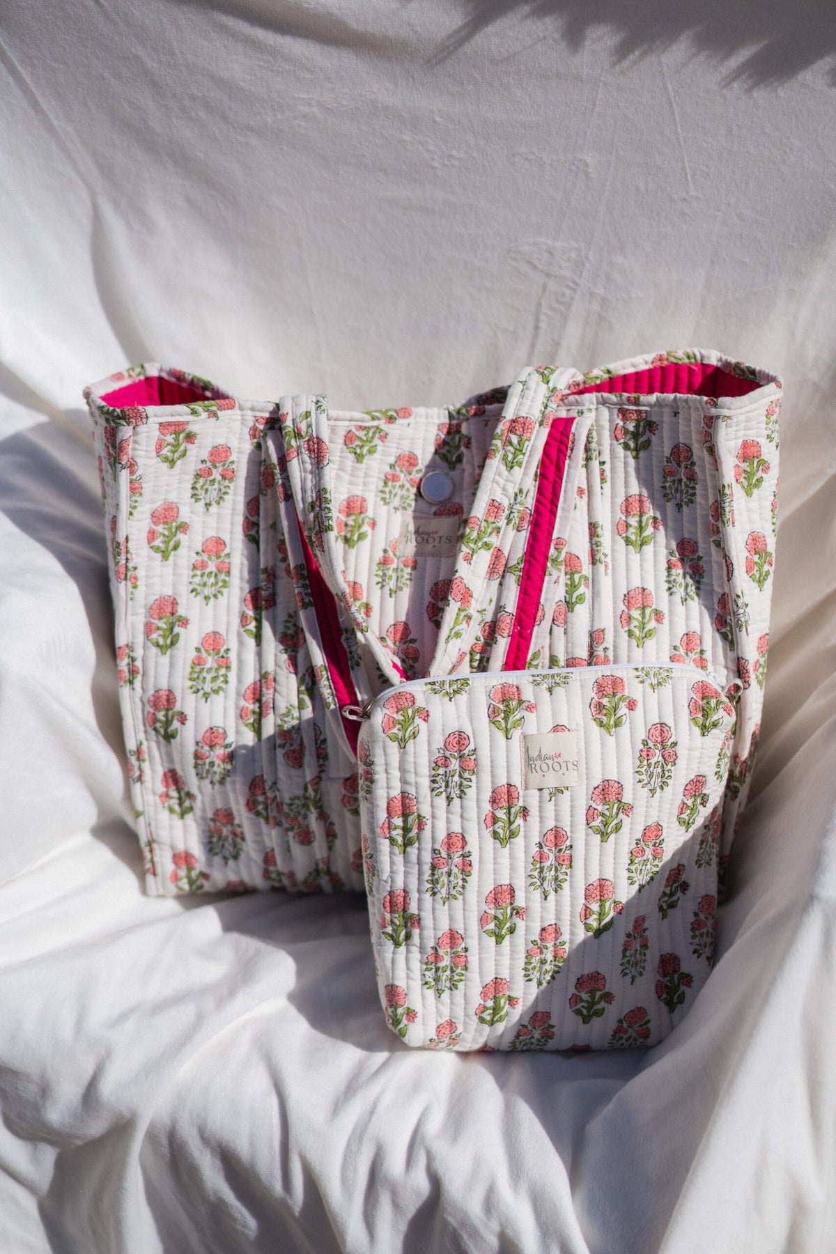 Blush Bloom Hand Block Printed Cotton Tote Bag~ Soft White