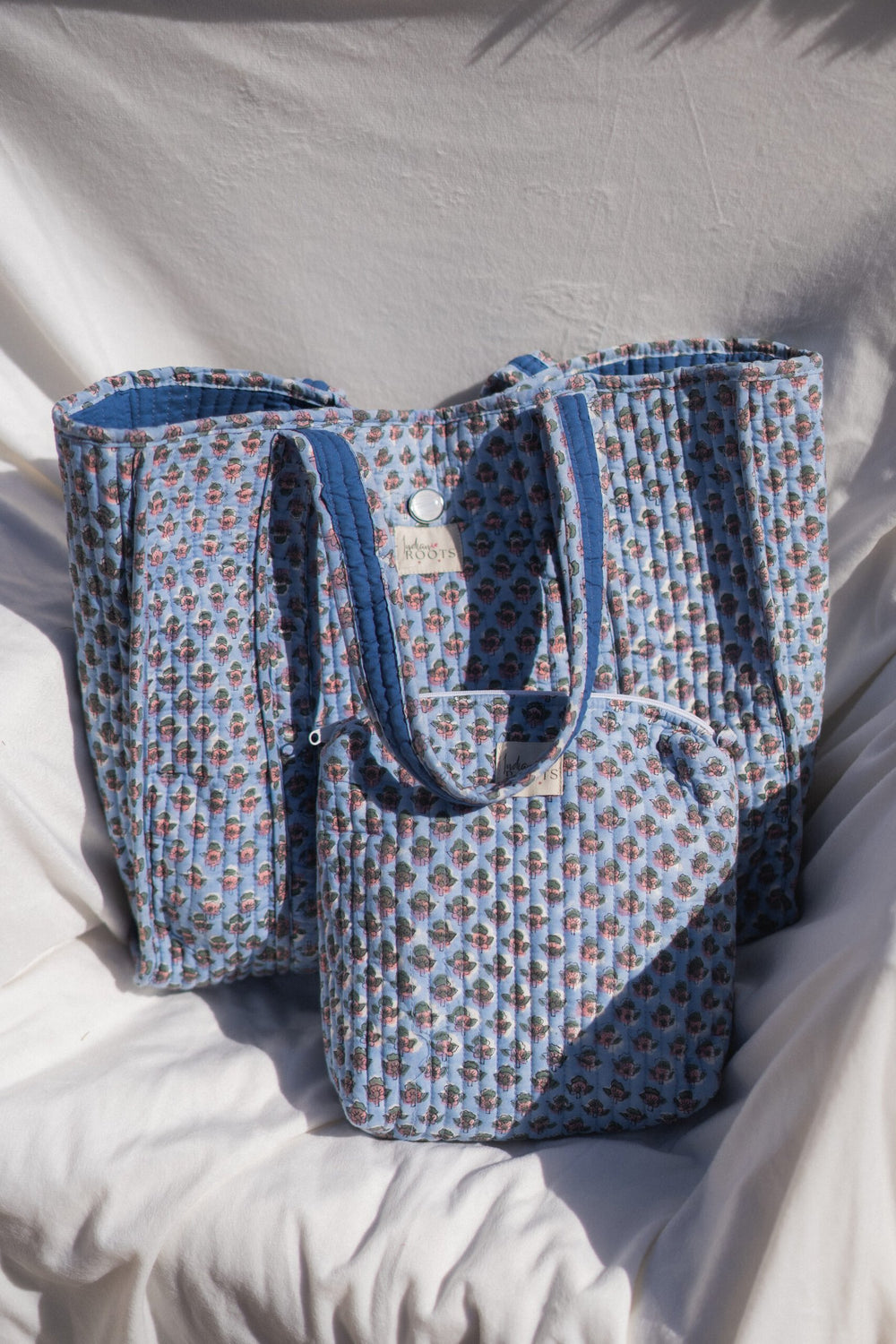 Blue Meadow Hand Block Printed Tote Bag~Blue shade
