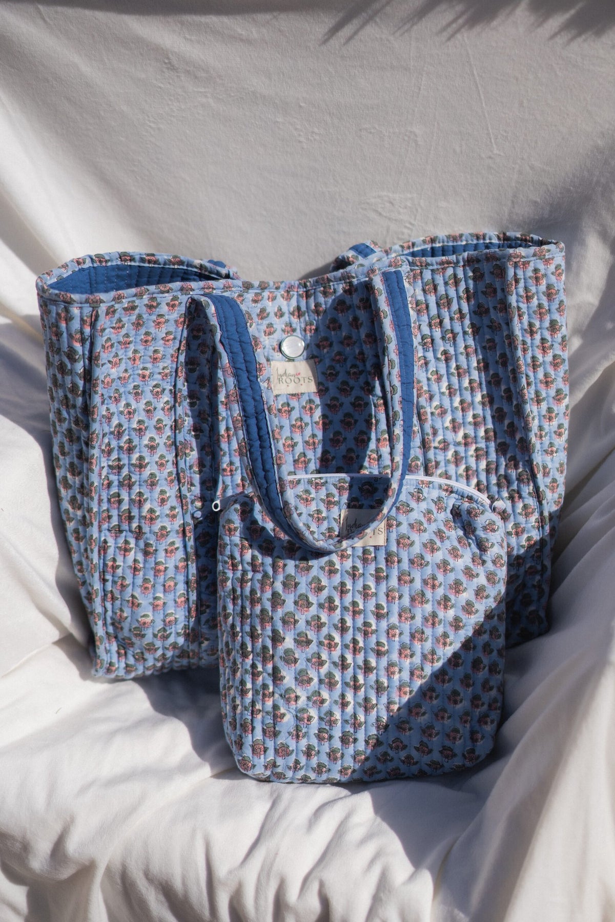 Blue Meadow Hand Block Printed Tote Bag~Blue shade