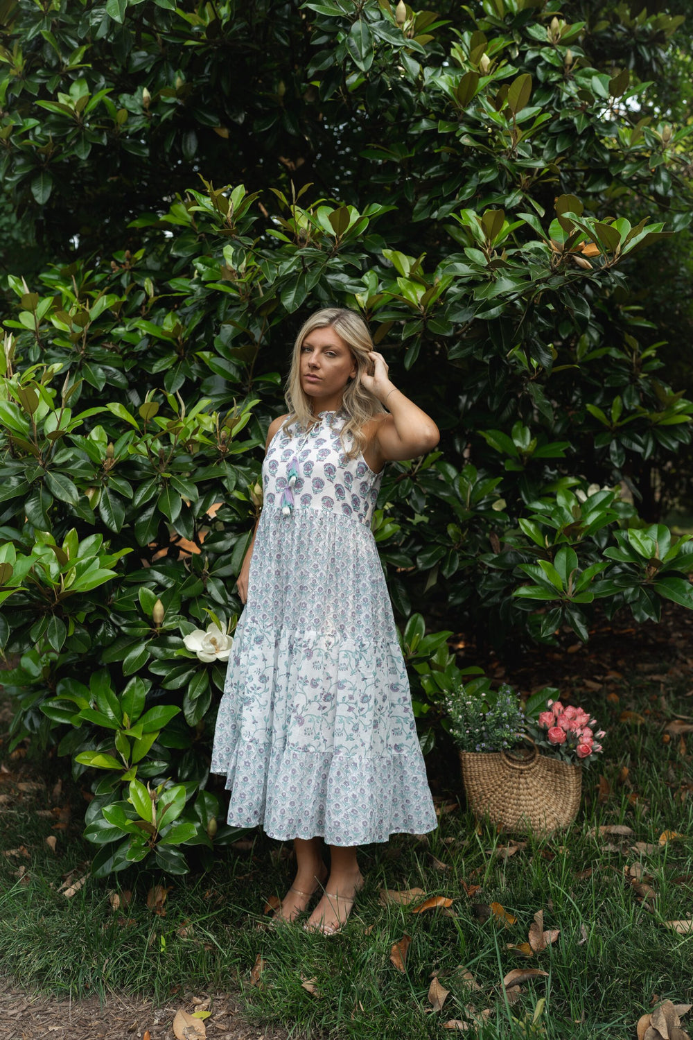 Meadow Mist Hand-Block Printed Maxi Dress~Soft white base with lavender, teal, and dusty blue florals