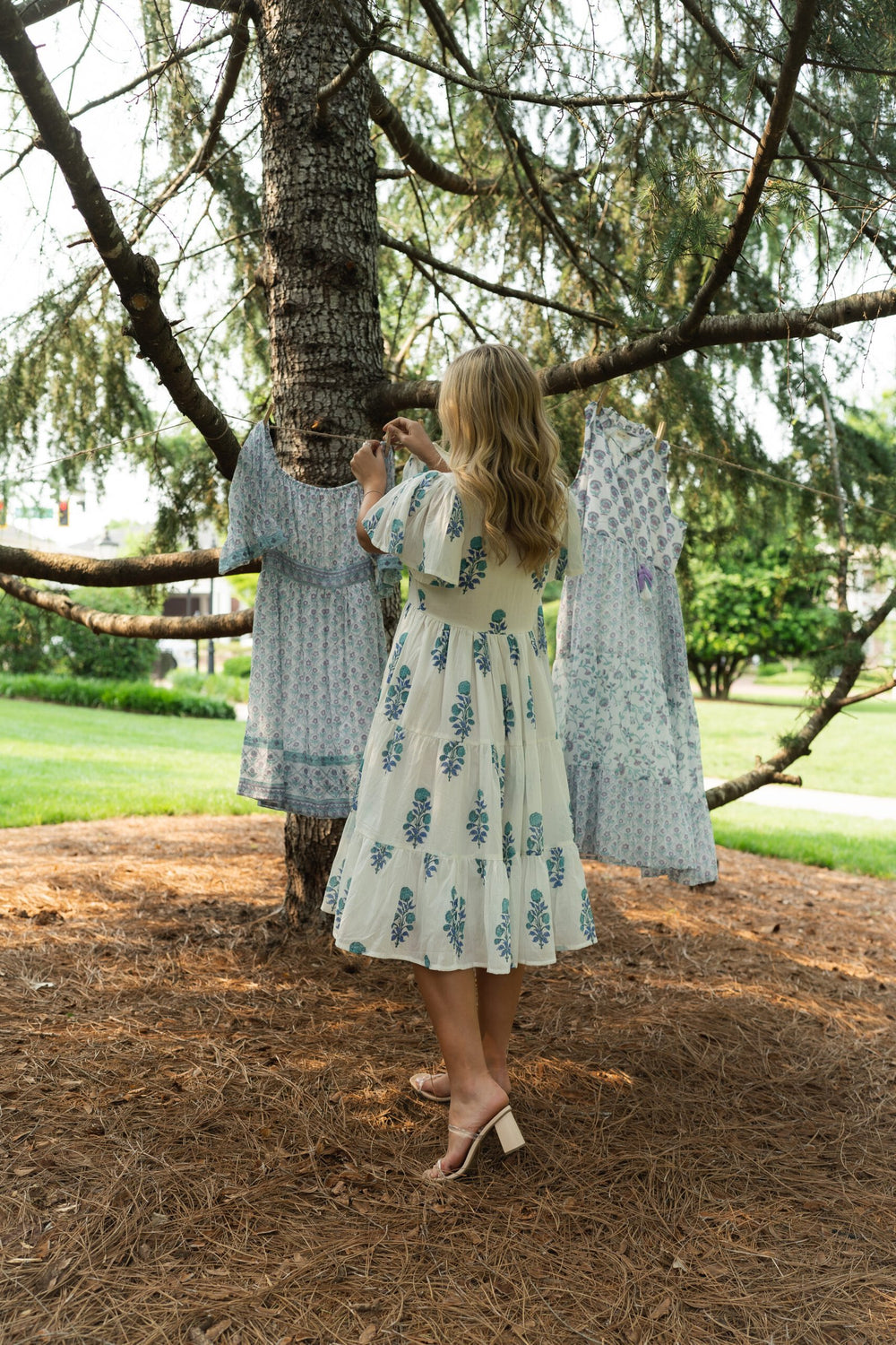 Teal Garden Hand-Block Printed Midi Dress