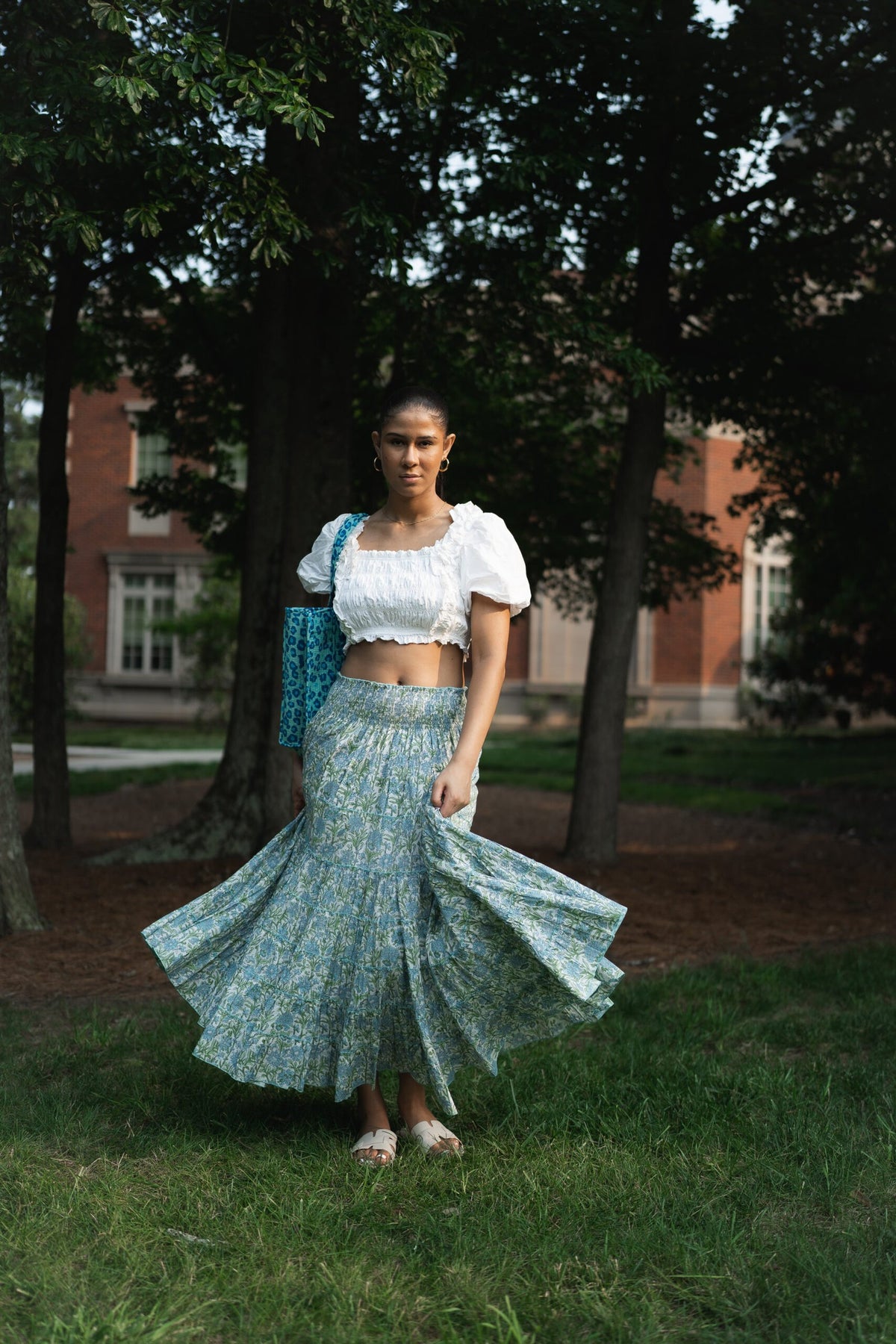 Neelkamal Hand Block-Printed Skirt~ Aqua Blue & Green on off-white