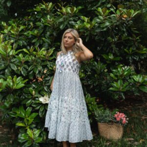Meadow Mist Hand-Block Printed Maxi Dress~Soft white base with lavender, teal, and dusty blue florals