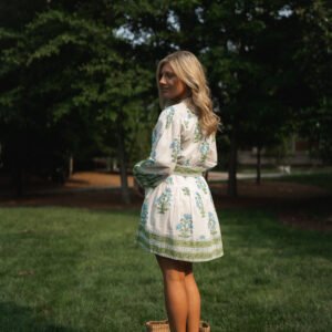 Morning Glory Mini Dress~ Ivory base with sky blue and leafy green floral block print