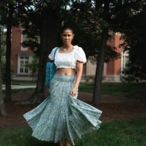 Neelkamal Hand Block-Printed Skirt~ Aqua Blue & Green on off-white