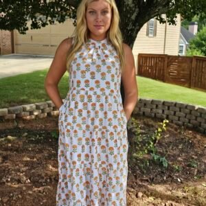 Orange Marigold Halter Neck Midi Dress~White base with Orange Marigold Motifs