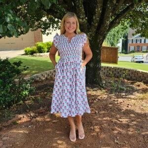 Pink Marigold Midi Dress~White base with charming pink Marigold Motifs