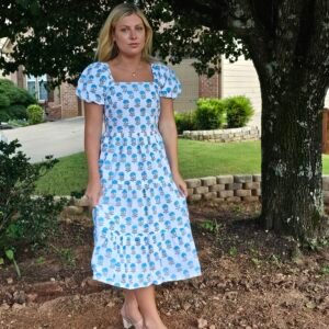 Blue Marigold Puff-Sleeve Midi Dress~White base with Blue Marigold Motifs