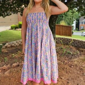 Pink Meadow Hand-Block Printed Paneled Skirt/Dress with Smocked waist~ Lavendar
