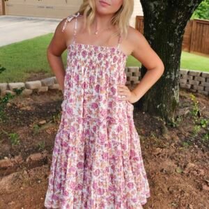 Gulab Bagh Smocked Sundress/Skirt-White with Rose Pink and Marigold Floral motifs