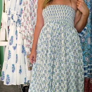 Sage Bloom Hand-Block Printed Paneled Skirt/Dress with Smocked waist~ Sage Green and Sky Blue Floral Buti
