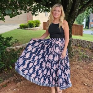 Bagh Panther Screen Block Printed Paneled Skirt~ Black