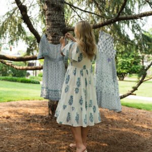 Teal Garden Hand-Block Printed Midi Dress