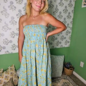 Hand-Block Printed Paneled Skirt/Dress with Smocked waist~ Green Base