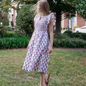 Pink Marigold Midi Dress~White base with charming pink Marigold Motifs