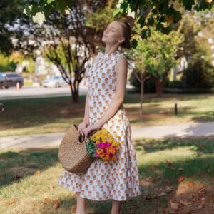 Orange Marigold Halter Neck Midi Dress~White base with Orange Marigold Motifs