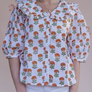 Orange Marigold Garden Top -Hand-Block Printed Cotton Poplin