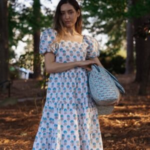Blue Marigold Puff-Sleeve Midi Dress~White base with Blue Marigold Motifs