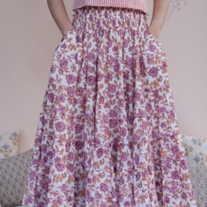 Gulab Bagh Smocked Sundress/Skirt-White with Rose Pink and Marigold Floral motifs
