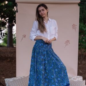 Indigo Floral Smocked Midi  Skirt