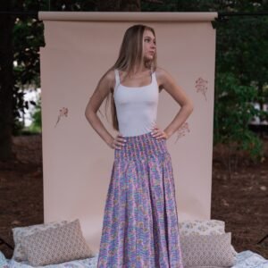 Pink Meadow Hand-Block Printed Paneled Skirt/Dress with Smocked waist~ Lavendar