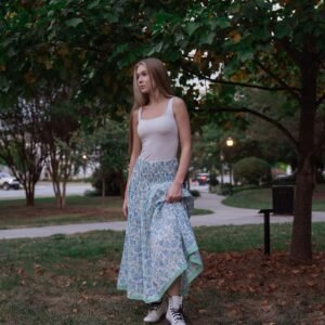 Ivory Blue Floral Smocked Midi  Skirt