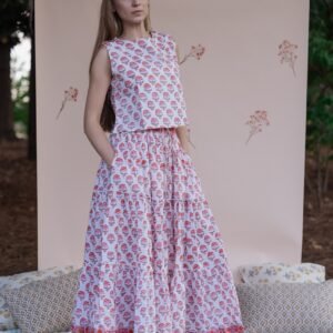 Hand Block Printed Tiered Skirt~ Pink Motifs