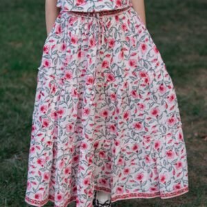 Hand Block Printed Tiered Skirt~ Blush bloom