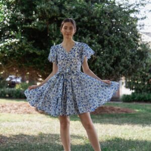 Blue Meadow Bloom Mini Dress Hand-Block Printed