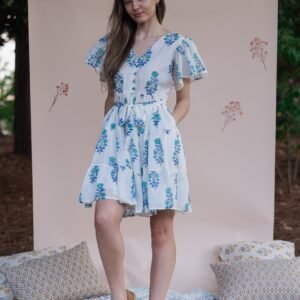Teal Garden Hand-Block Printed Mini Dress