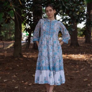Lotus Blue Block-Printed Tiered Dress